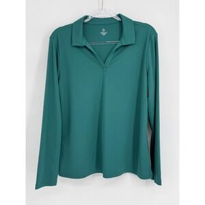Emerald 18 Womens Emerald Green Long Sleeve V-Neck Polo Shirt Sz L Textured